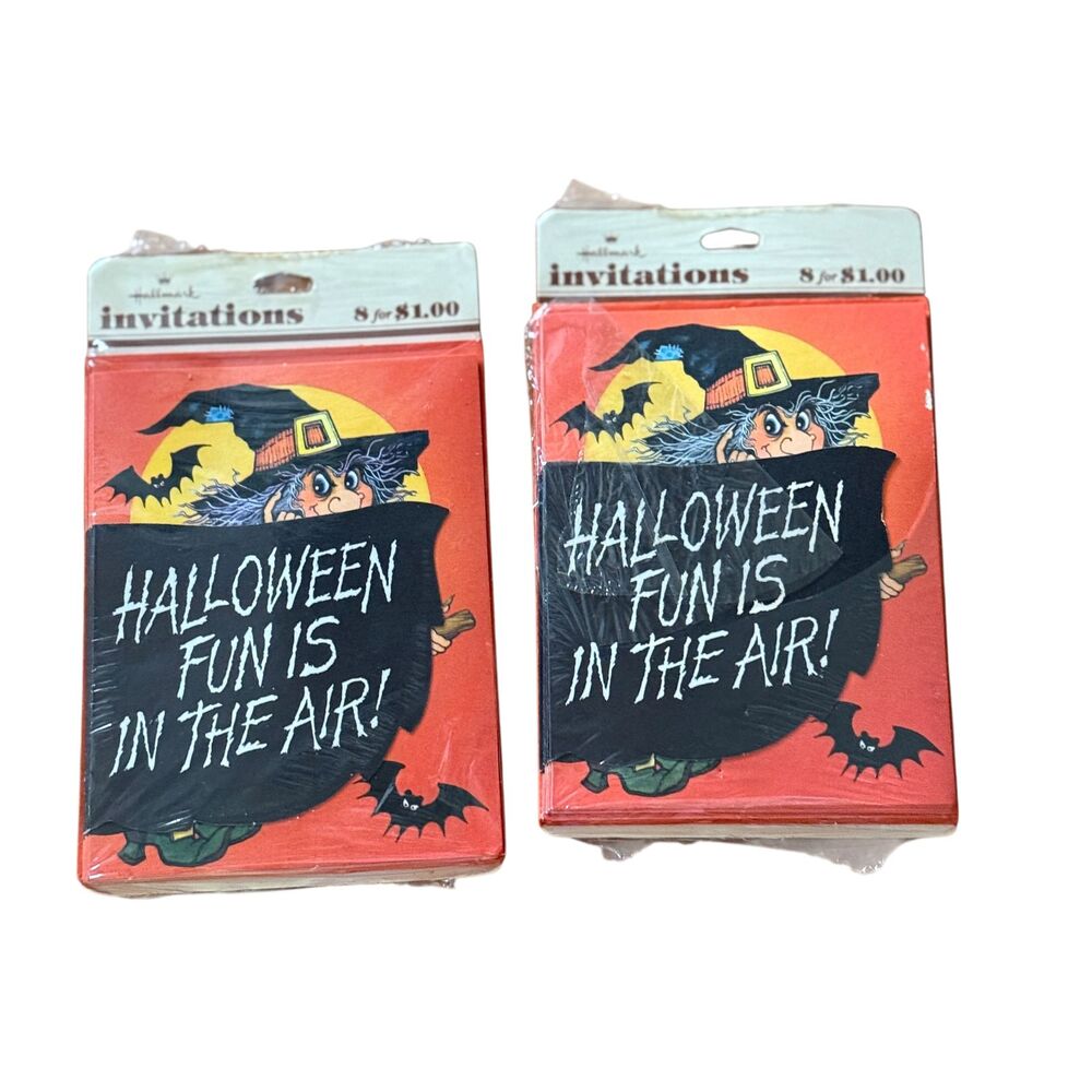 2 Vintage Hallmark Halloween Invitations Packs Witch Bat Sealed & Opened NOS